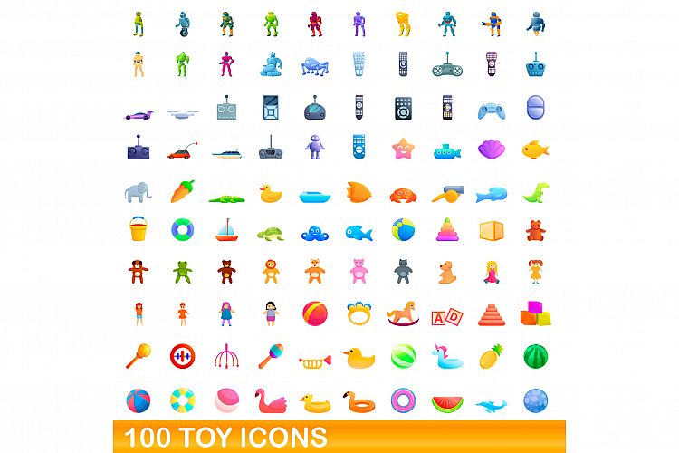 100 toy icons set, cartoon style example image 1
