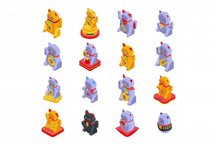 Lucky cat icons set, isometric style example image 1