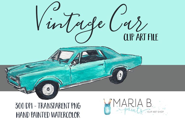 Vintage Car Watercolor Clip Art PNG