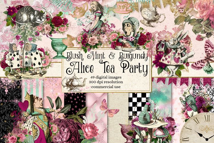 Blush, Mint and Burgundy Alice In Wonderland Tea Party Graphics