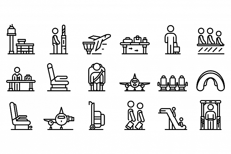 Airline passengers icons set, outline style example image 1
