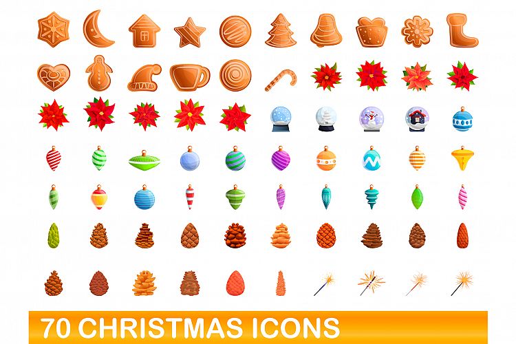 70 christmas icons set, cartoon style