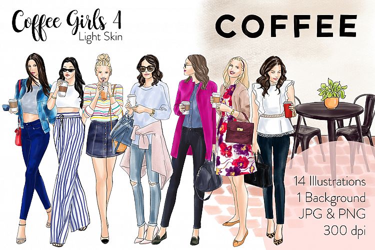 Fashion illustration clipart - Coffee Girls 4 - Light Skin