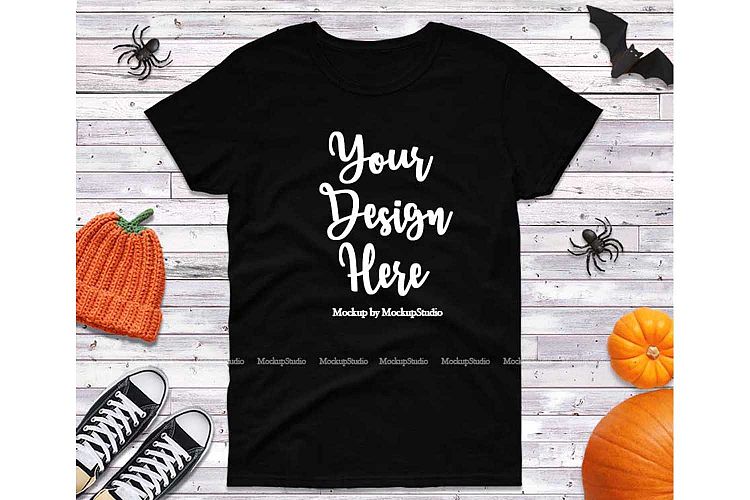 Halloween Fall Black Tshirt Mock Up, Gildan 5000 Flat Lay