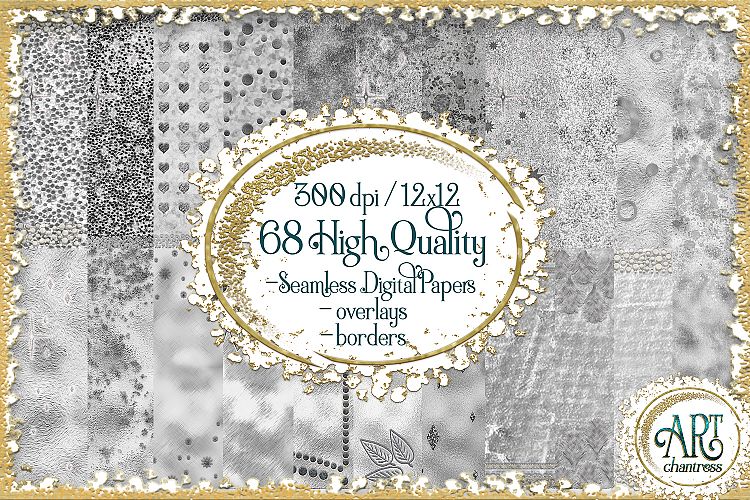 Luxury Silver Glitter Seamless Digital Papers,Border,Overlay