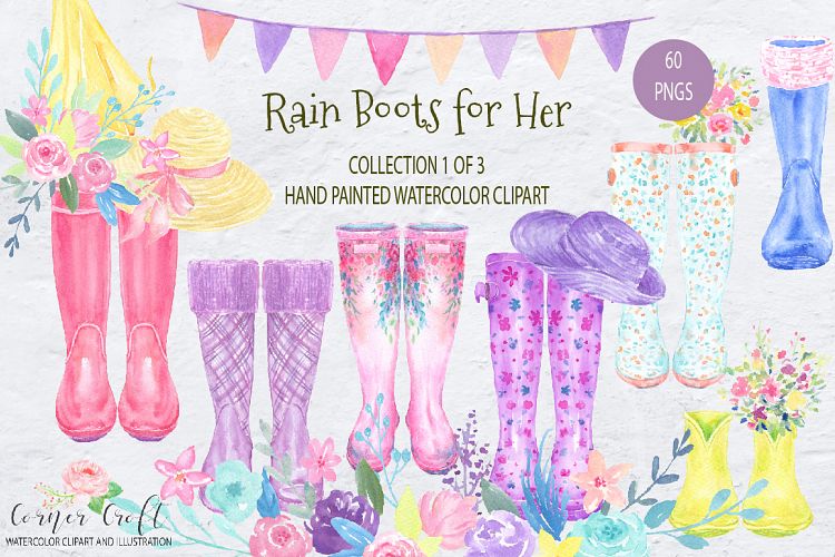 Watercolor Rain Boots for Her, Watercolor Clip Art