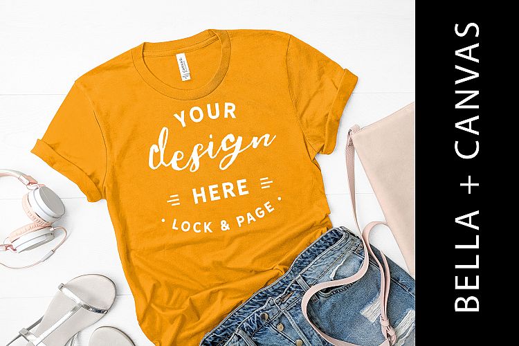 Gold Bella Canvas 3001 T Shirt Mockup Fashion Flat Lay