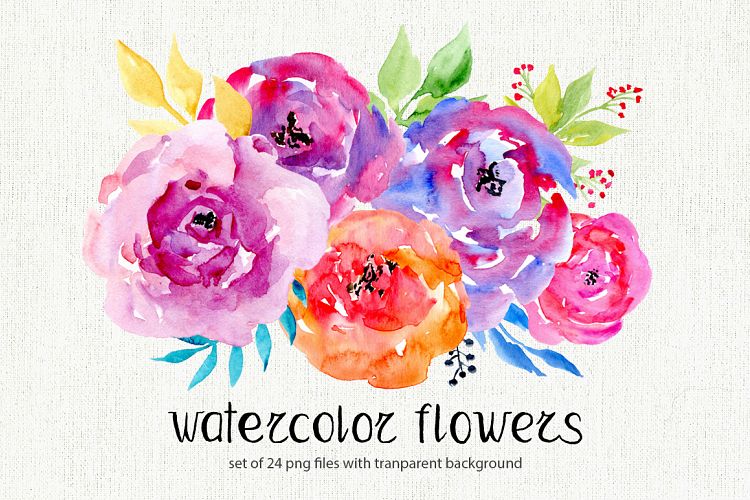 Watercolor flowers, 24 png clipart