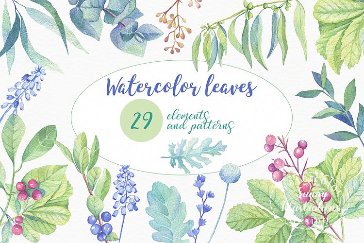 Watercolor leaves, berries, flowers