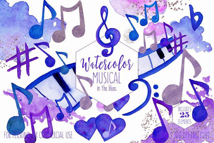 WATERCOLOR MUSIC Clipart Royal Blue Purple Music Notes Treble Clef Piano Keys Fun Watercolour Paint Splash Graphics