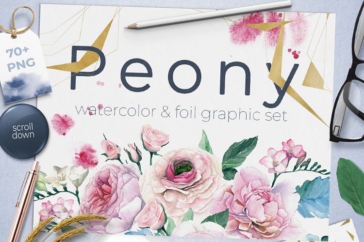 Watercolor Peonies and Foil Set