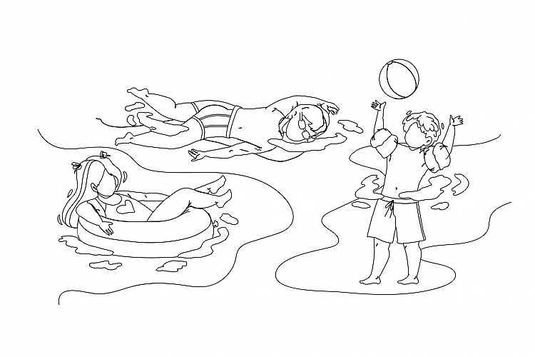 Kids Swimming And Playing In Waterpool Vector example image 1