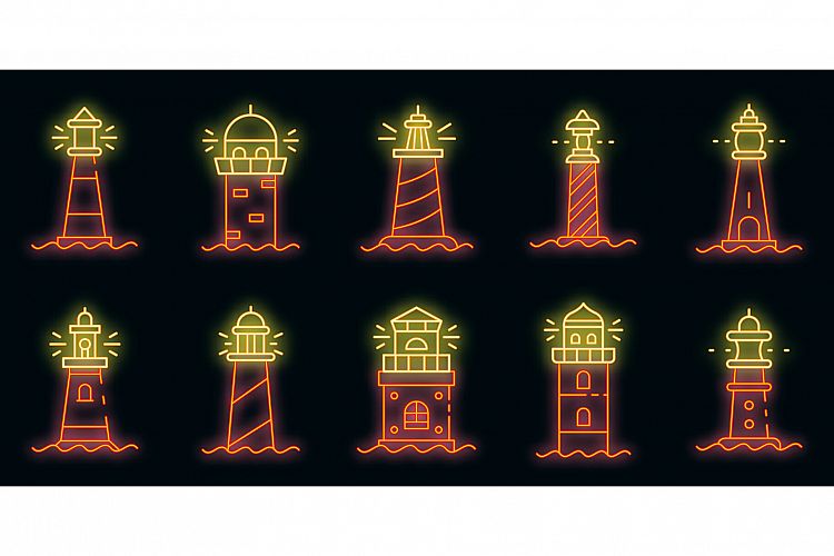 Lighthouse icons set vector neon example image 1