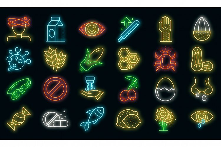Food allergy icons set vector neon