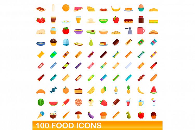 100 food icons set, cartoon style example image 1