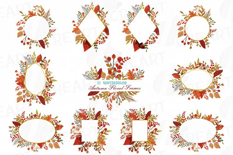 Autumn frames watercolor clip art pack, fall design borders