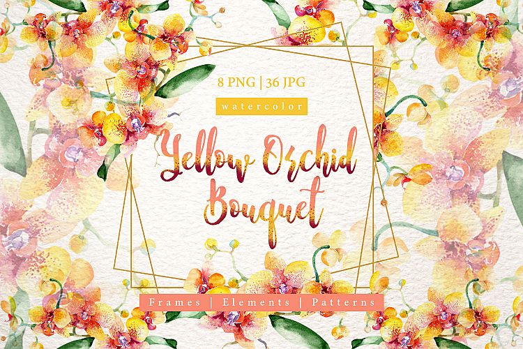 Yellow orchid bouquet PNG watercolor design set