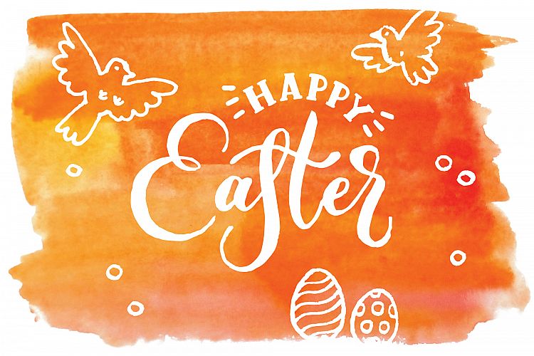 Happy Easter. Vector elements and watercolor textures.