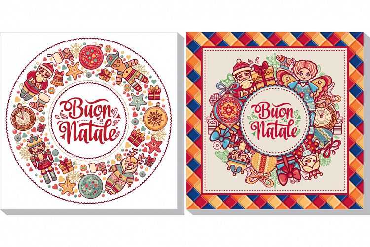 Buon Natale. Christmas template. Greeting card. Winter holiday in Italy. Congratulation on Italian. Vintage style.