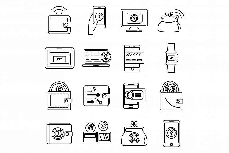 Modern digital wallet icons set, outline style example image 1