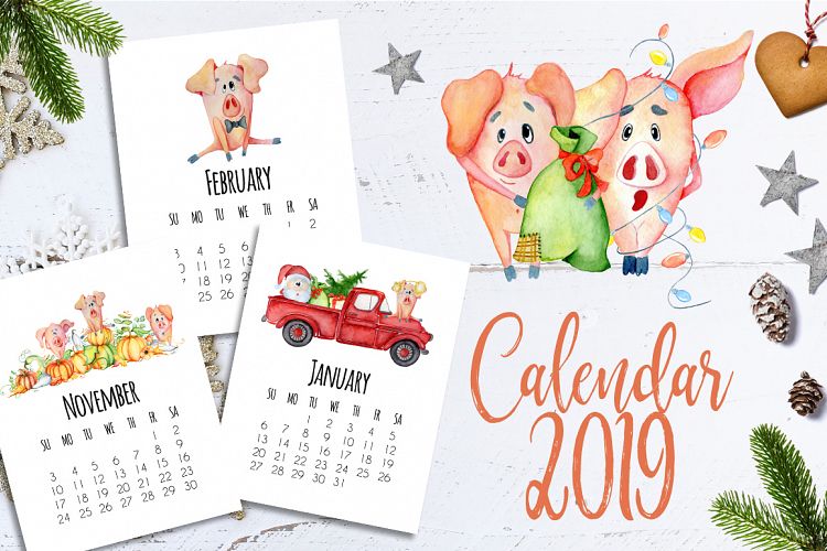 Calendar template  for 2019 Year with cute cartoons pigs