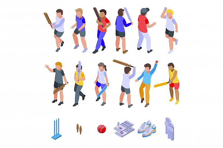 Kids playing cricket icons set, isometric style example image 1