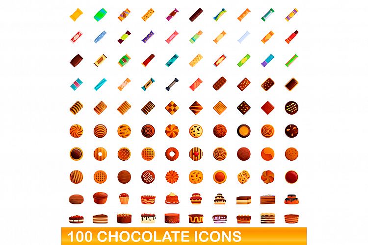 100 chocolate icons set, cartoon style example image 1