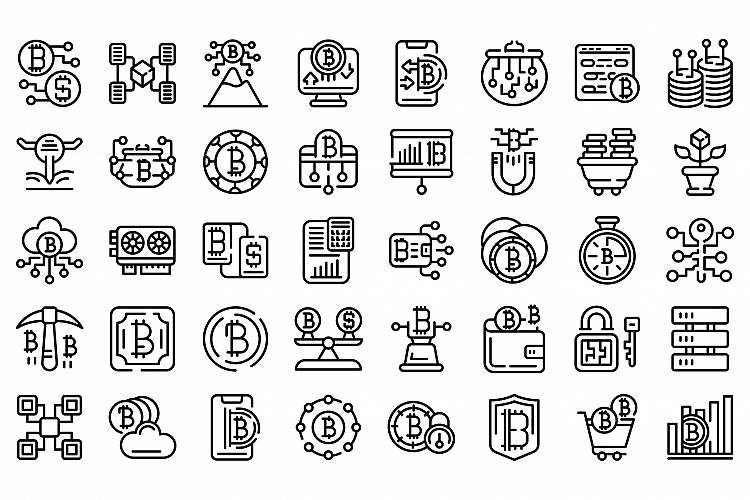 Cryptocurrency icons set, outline style