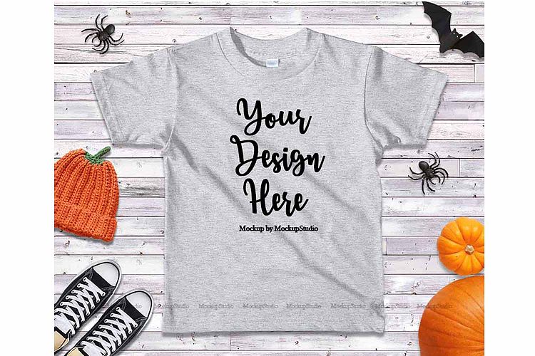 Halloween Fall Heather Grey Kids Shirt Mockup Teen Flat Lay