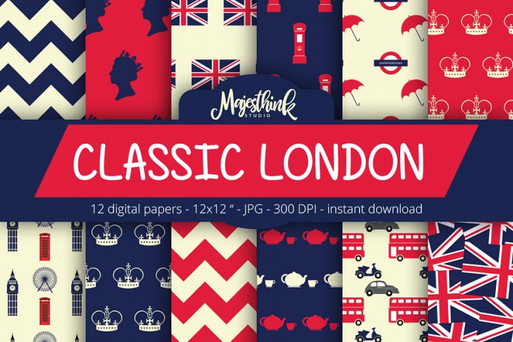 Classic London Pattern - with british flag london element, big ben, tea, phone booth, chevron