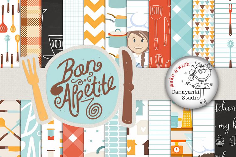 Bon appetite, Food papers, Kitchen papers, retro kitchen digital paper, scrapbook paper, scrapbooking, Bakery Paper, Cooking Paper