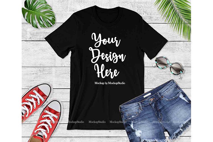 Black Bella Canvas 3001 Women Youth T-Shirt Mock Up Flat Lay