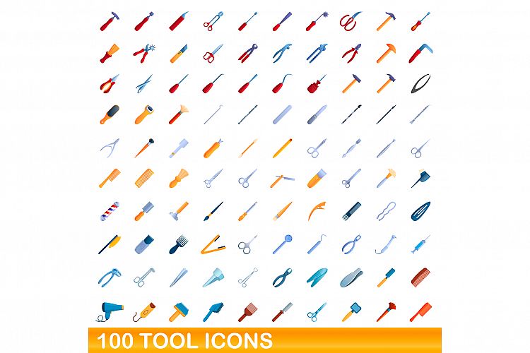 100 tool icons set, cartoon style