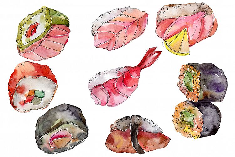 Watercolor sushi PNG watercolor set