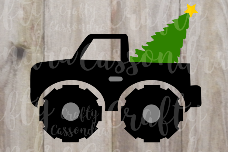 Monster truck hauling away a Christmas tree