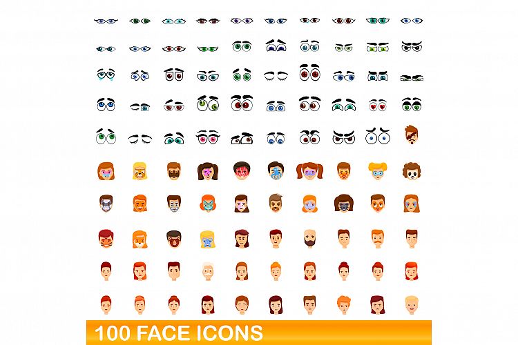 100 face icons set, cartoon style example image 1