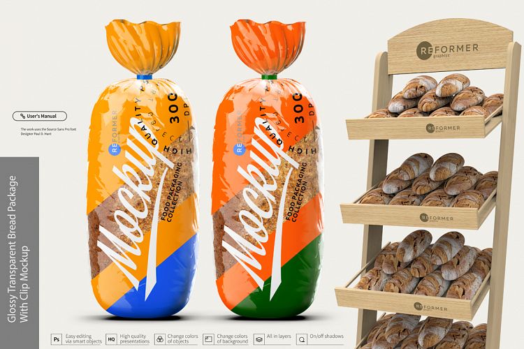 Glossy Transparent Bread Package with Clip Mockup