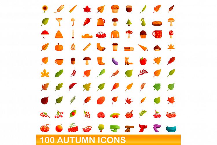 100 autumn icons set, cartoon style example image 1