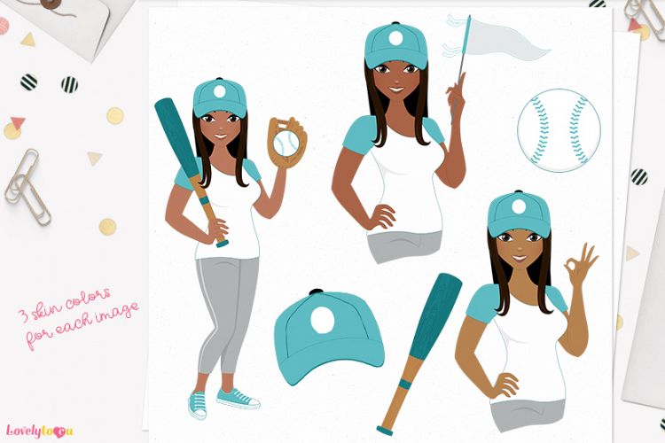 Woman baseball character clip art (L280 Zoe)