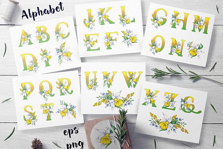 Daffodils  – spring alphabet and wreath