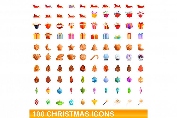 100 christmas icons set, cartoon style