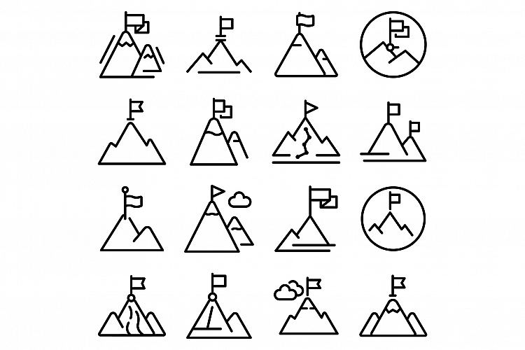 Flag on mountain icons set, outline style example image 1