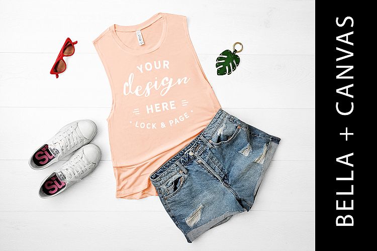 Peach Tank Top Mockup Bella Canvas 8803 Muscle Gym Flat Lay