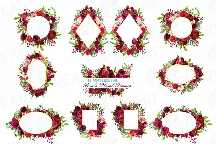 Boho bordo floral frames watercolor clip art pack, burgundy