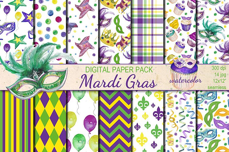 Watercolor  Mardi Gras seamless digital paper pack