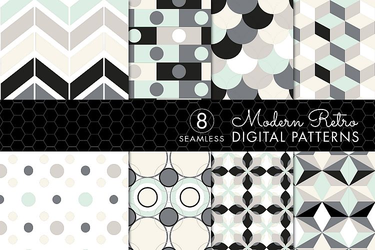 8 Seamless Retro Modern Patterns - Mint Green, Ivory & Gray - Set 1