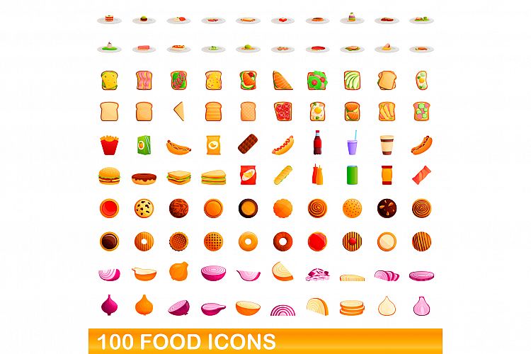 100 food icons set, cartoon style example image 1