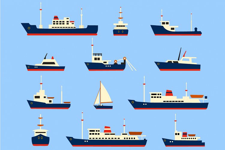 Ships set. Silhouettes of various ships and yachts.