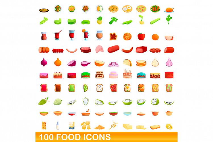 100 food icons set, cartoon style