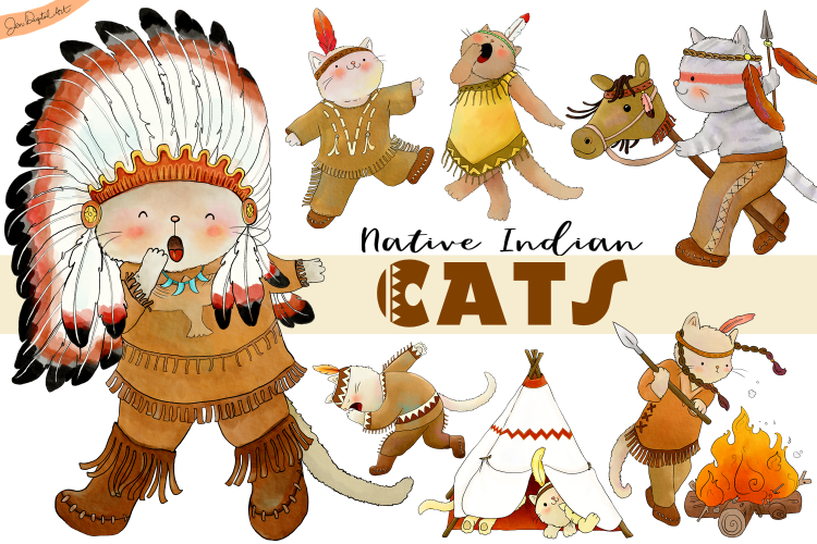 Native Indian Cats | CLIP ART | 7 PNG/JPEG illustrations